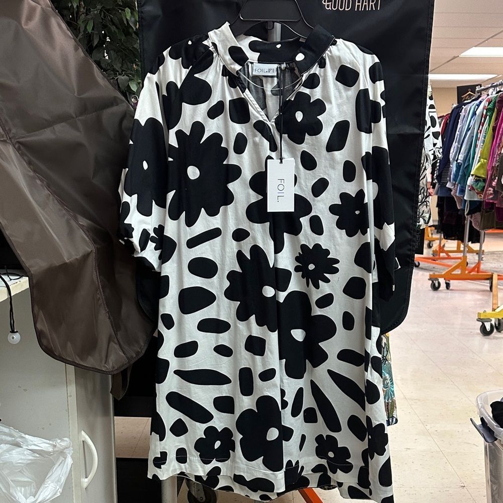 Foil Monochrome Floral Long Sleeve Dress